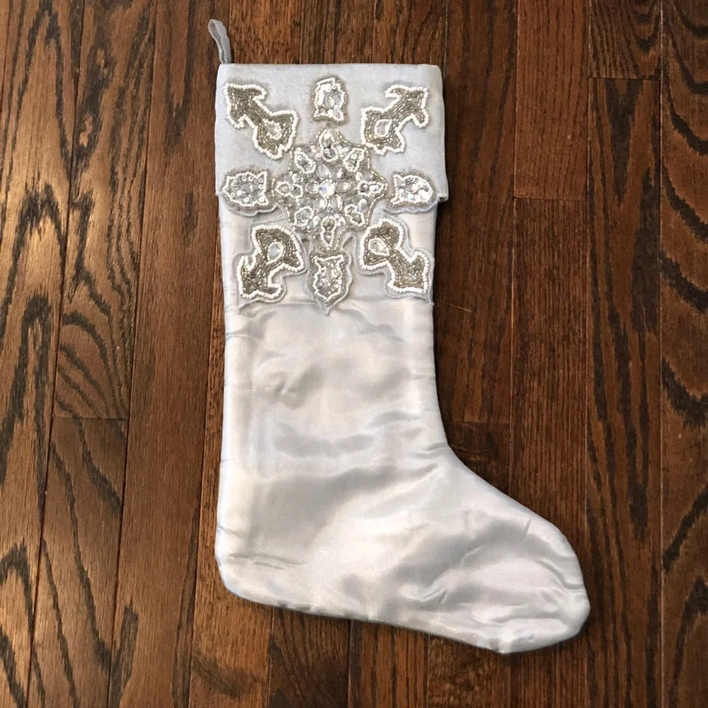 Pier 1 Imports 16” Gray Metallic Stocking w/Snowflake Embroidery & Beading - EUC